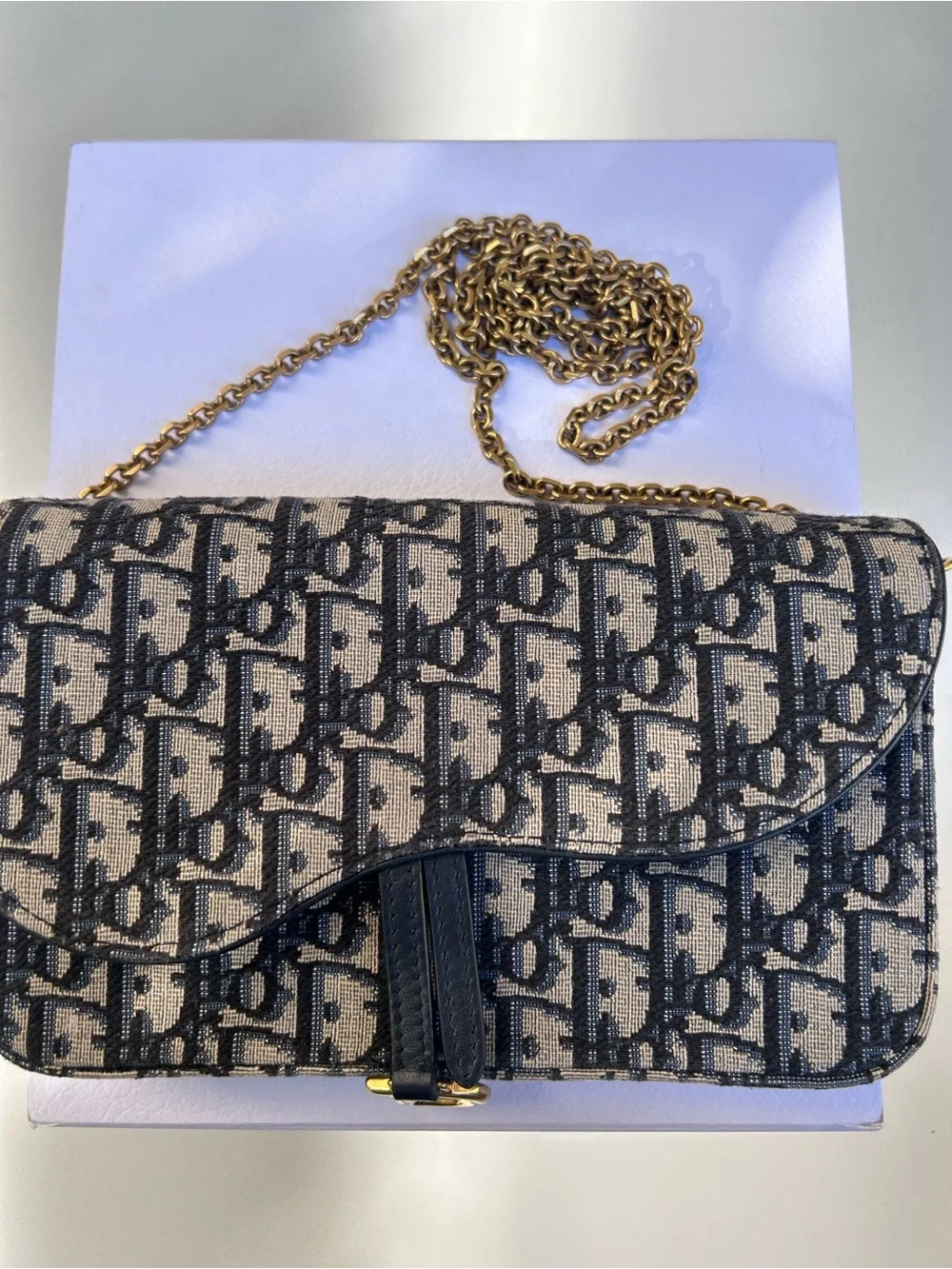 Dior Blue Navy Monogram Canvas Phone Wallet with Gold D-Ring